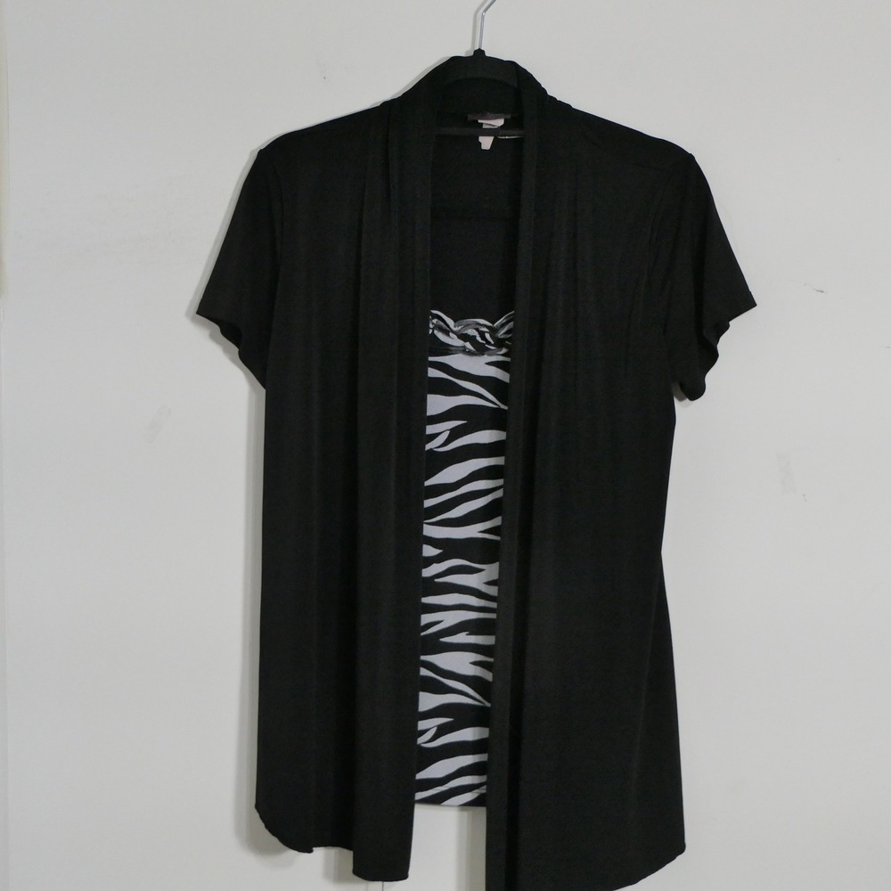 Agenda Women Top L Black Zebra Print Layered Cardigan Blouse Animal Print Earthy